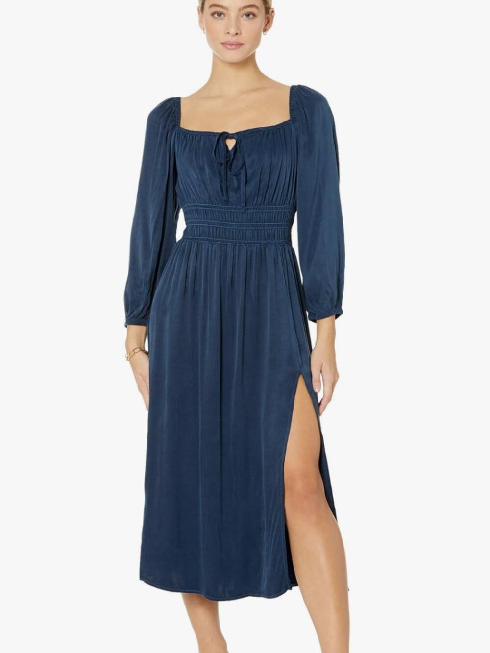 Bella Dahl Ruched Midi Dress Slit (M) Green Kalamata Fairytale Medieval Milkmaid